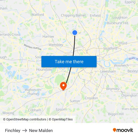 Finchley to New Malden map