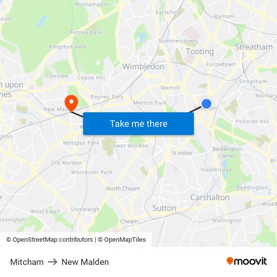 Mitcham to New Malden map