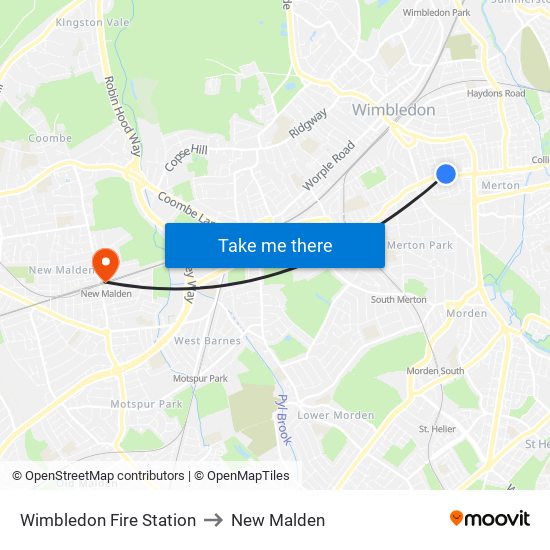 Wimbledon Fire Station to New Malden map