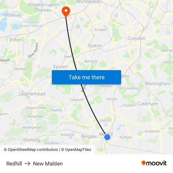 Redhill to New Malden map