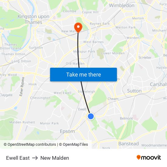 Ewell East to New Malden map