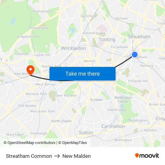 Streatham Common to New Malden map