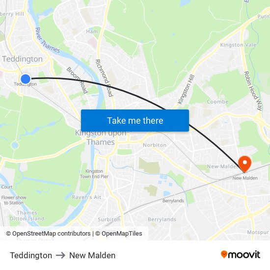 Teddington to New Malden map