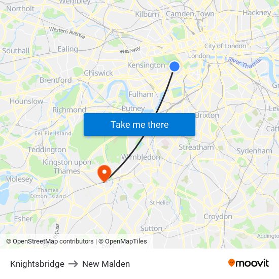 Knightsbridge to New Malden map