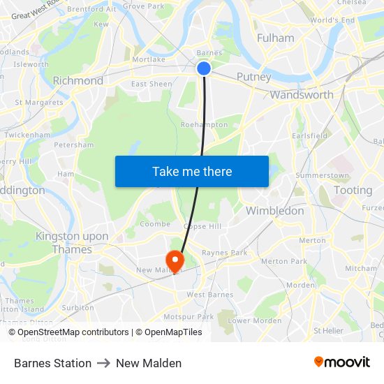 Barnes Station to New Malden map