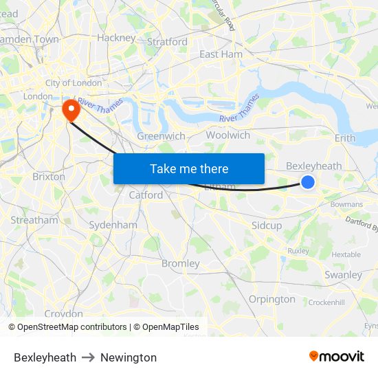 Bexleyheath to Newington map