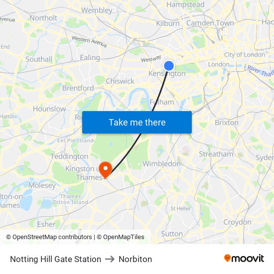 Notting Hill Gate Station to Norbiton map