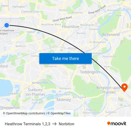 Heathrow Terminals 1,2,3 to Norbiton map