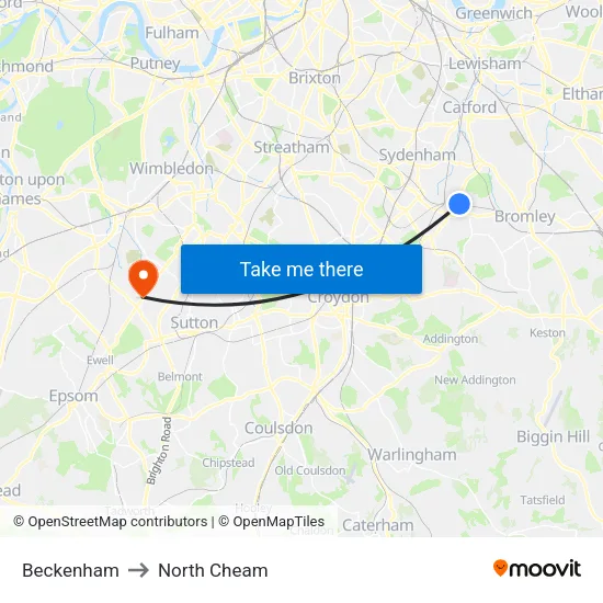 Beckenham to North Cheam map
