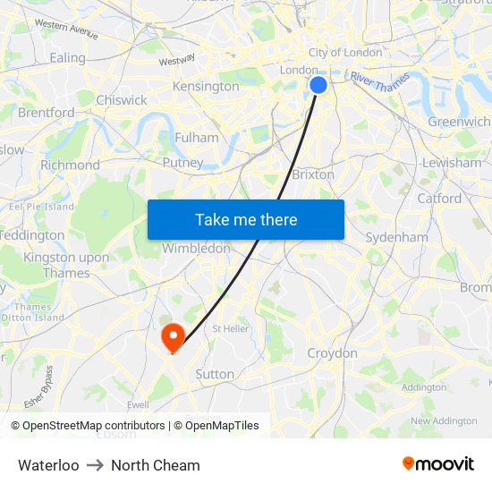 Waterloo to North Cheam map