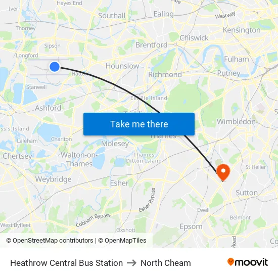 Heathrow Central Bus Station to North Cheam map