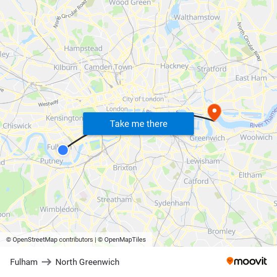 Fulham to North Greenwich map