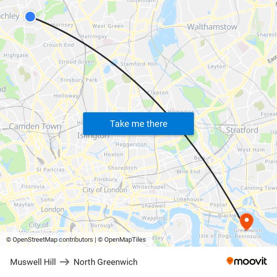 Muswell Hill to North Greenwich map