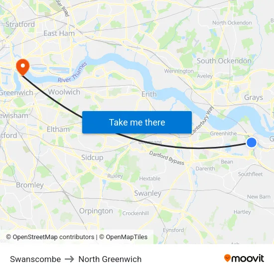Swanscombe to North Greenwich map