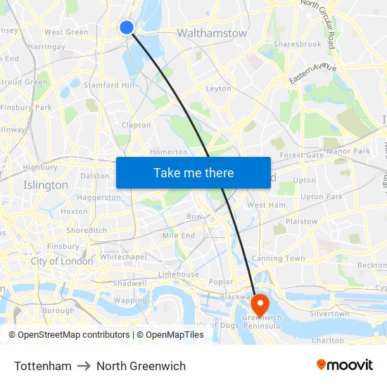 Tottenham to North Greenwich map