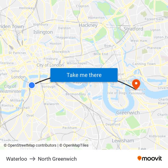 Waterloo to North Greenwich map