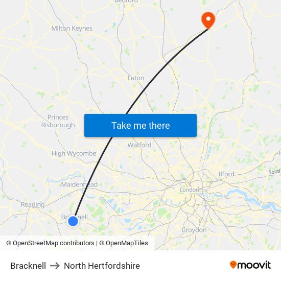 Bracknell to North Hertfordshire map