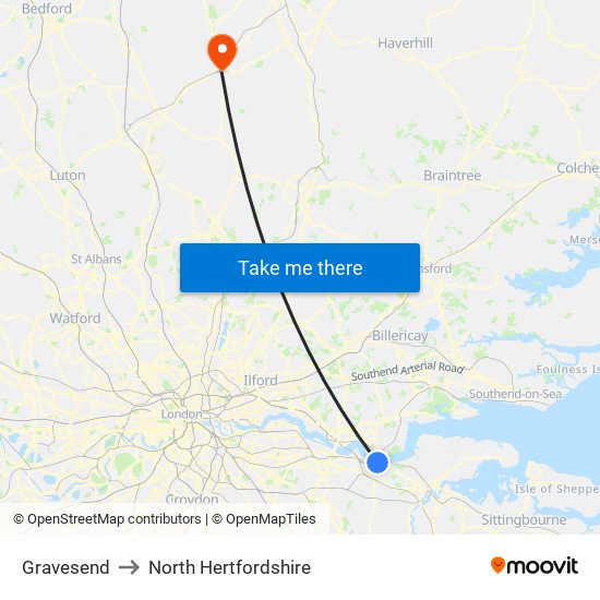 Gravesend to North Hertfordshire map