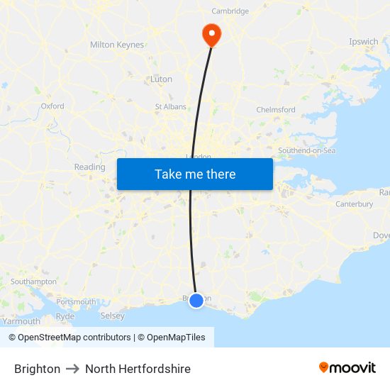 Brighton to North Hertfordshire map