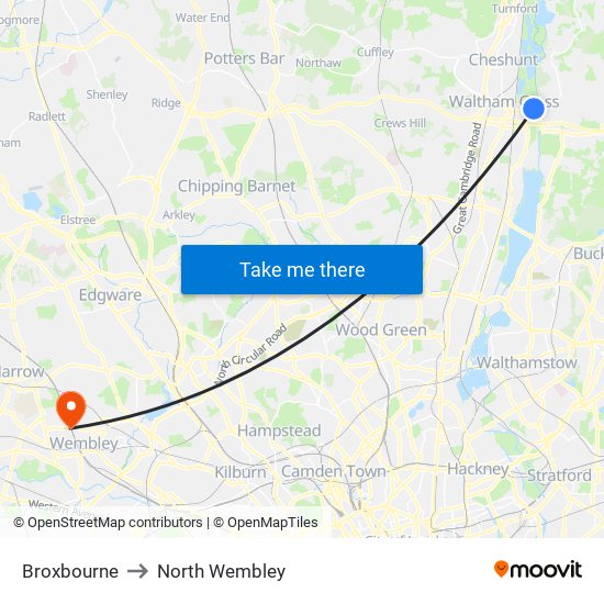 Broxbourne to North Wembley map