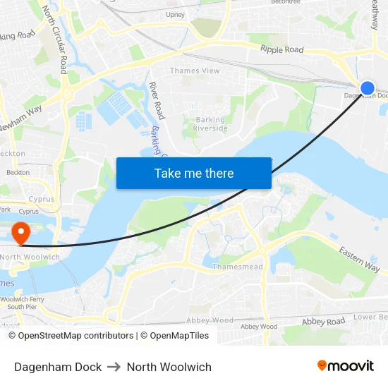 Dagenham Dock to North Woolwich map
