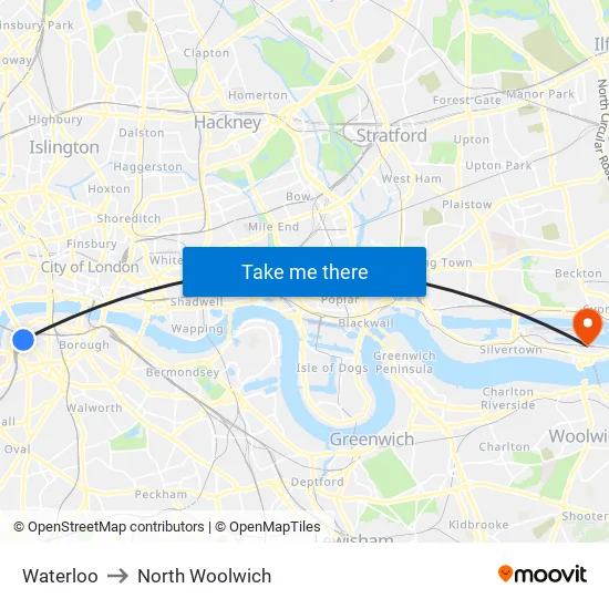 Waterloo to North Woolwich map