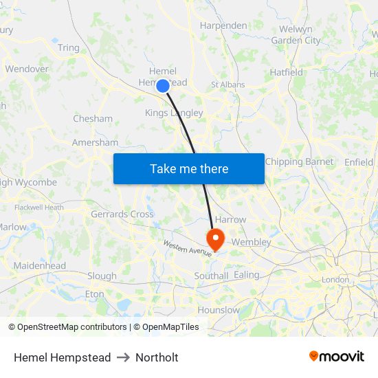 Hemel Hempstead to Northolt map