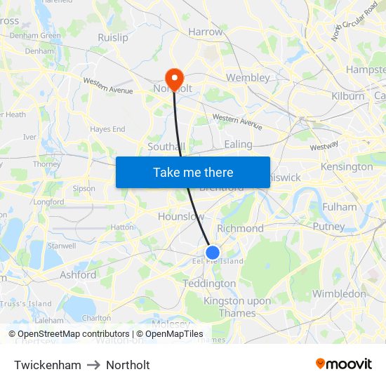 Twickenham to Northolt map