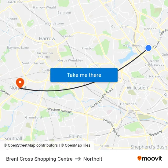 Brent Cross Shopping Centre to Northolt map