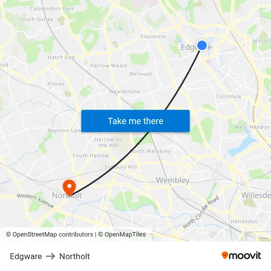 Edgware to Northolt map