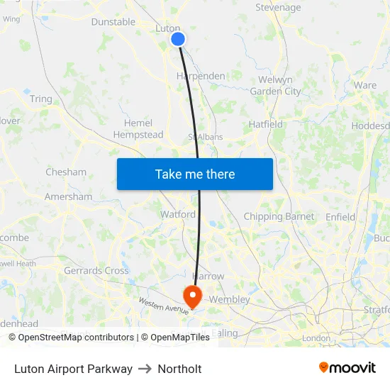 Luton Airport Parkway to Northolt map