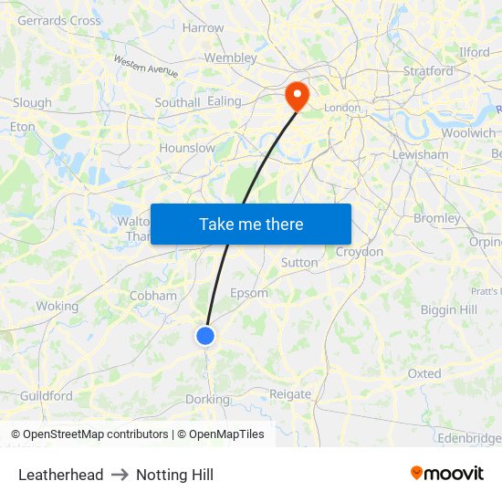 Leatherhead to Notting Hill map