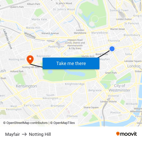 Mayfair to Notting Hill map