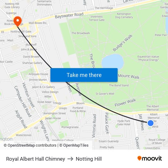 Royal Albert Hall Chimney to Notting Hill map