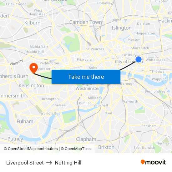 Liverpool Street to Notting Hill map