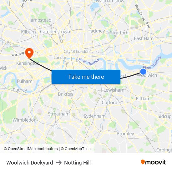 Woolwich Dockyard to Notting Hill map