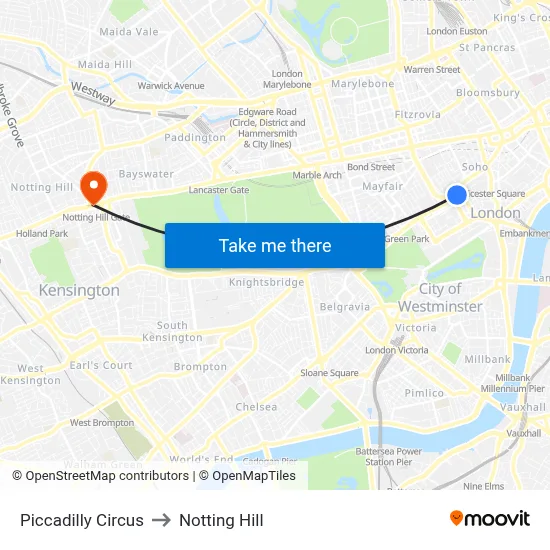 Piccadilly Circus to Notting Hill map