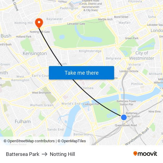 Battersea Park to Notting Hill map