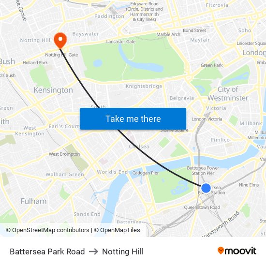 Battersea Park Road to Notting Hill map