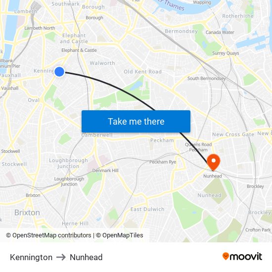 Kennington to Nunhead map