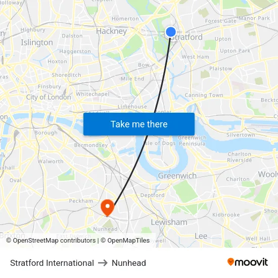 Stratford International to Nunhead map