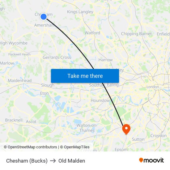 Chesham (Bucks) to Old Malden map