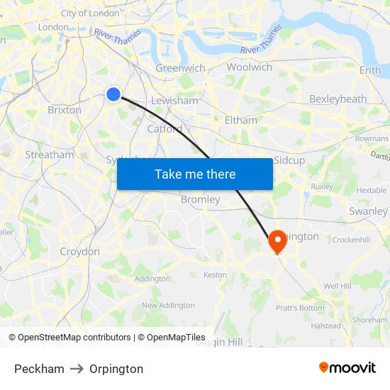 Peckham to Orpington map