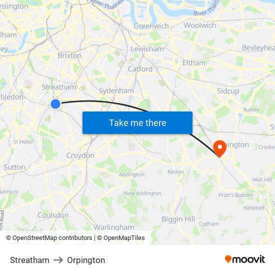 Streatham to Orpington map