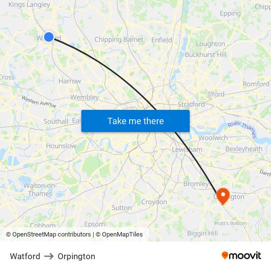 Watford to Orpington map