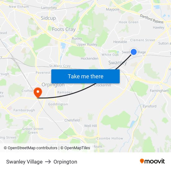 Swanley Village to Orpington map