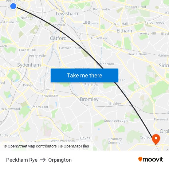 Peckham Rye to Orpington map