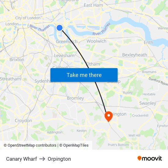Canary Wharf to Orpington map