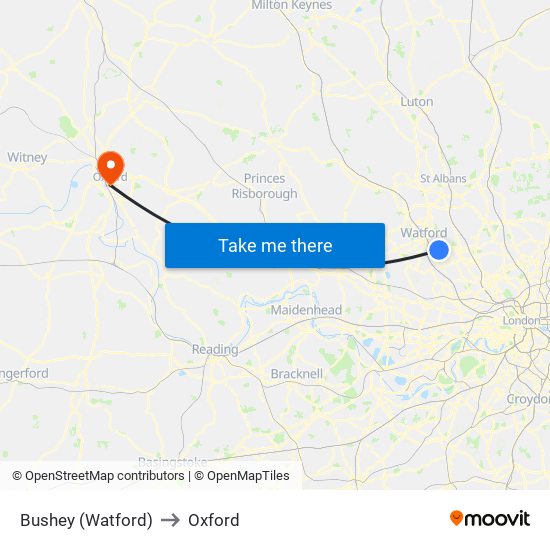 Bushey (Watford) to Oxford map