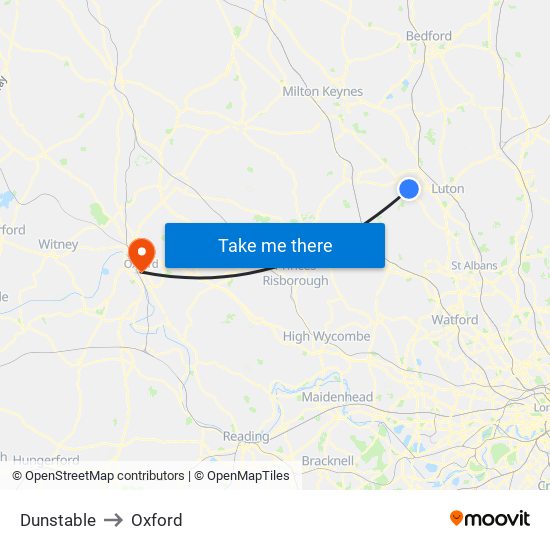 Dunstable to Oxford map